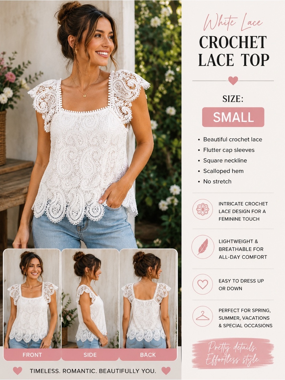 Lace Crochet Square-Neck Tank Top - White SMALL